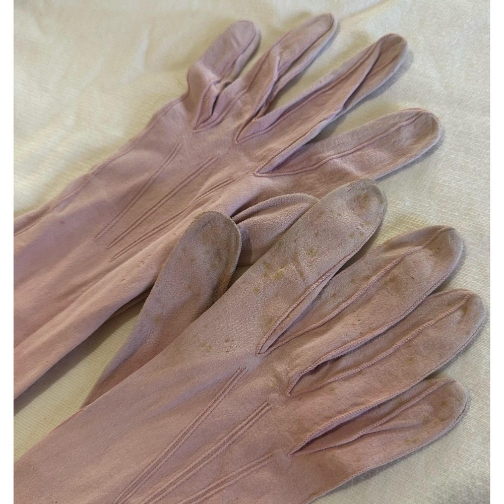 VTG 40s French Kid Suede Opera Gloves Pink 7.5 Long Bridal Wedding T. Eatons Co. - Picture 8 of 10